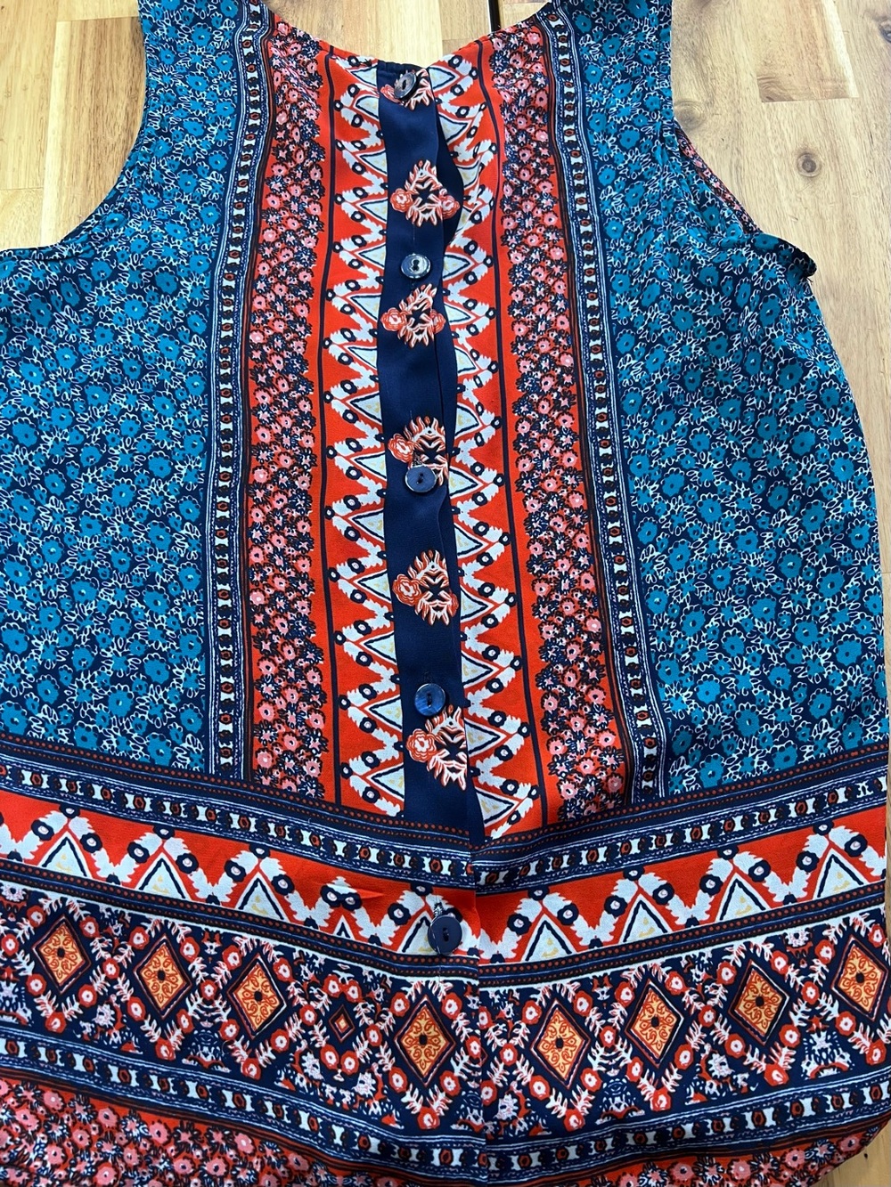 Anne Carson XS Boho Sleeveless Floral Border Print Tank Top Navy Orange - Picture 7 of 11